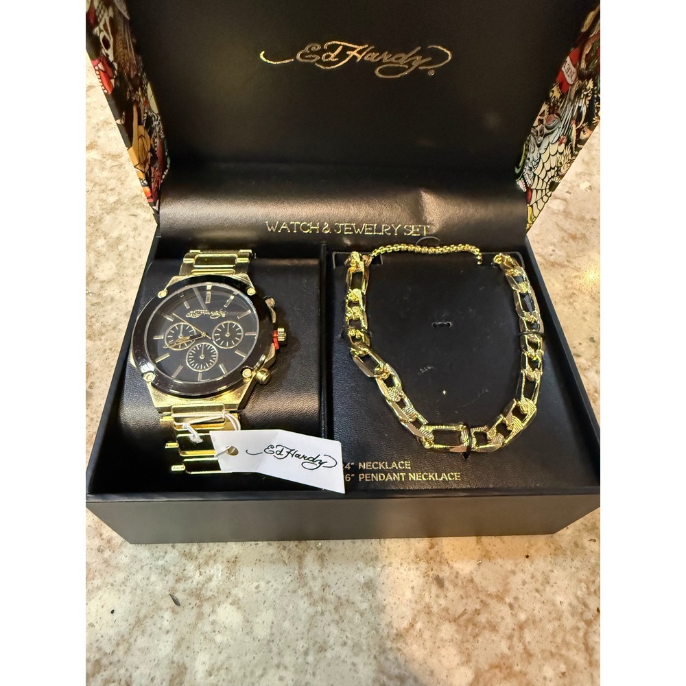 Ed Hardy Mens Gold Tone Watch and Necklace Jewelry Set M0264G-42-G27 NWT